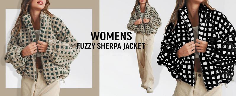 Ommig Women’s Long Sleeve Cropped Sherpa Fleece Plaid Jacket Casual Chunky Teddy Fleece Outerwear