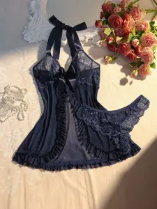 Womens Lace Ruffle Trim Wrap Cami Nightdress & Thong Set Comfort Fabric Adjustable Strap Backless Sleep Dress & Knicker Set Underwear For Women