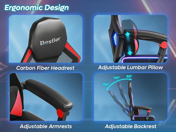 Bestier Gaming Chair Breathable High-Back Mesh Fabric, Led Gamer Chair for Adults with Comfortable Cushion, Lumbar Support, Linkage Armrests for Gamer, Kids, Students