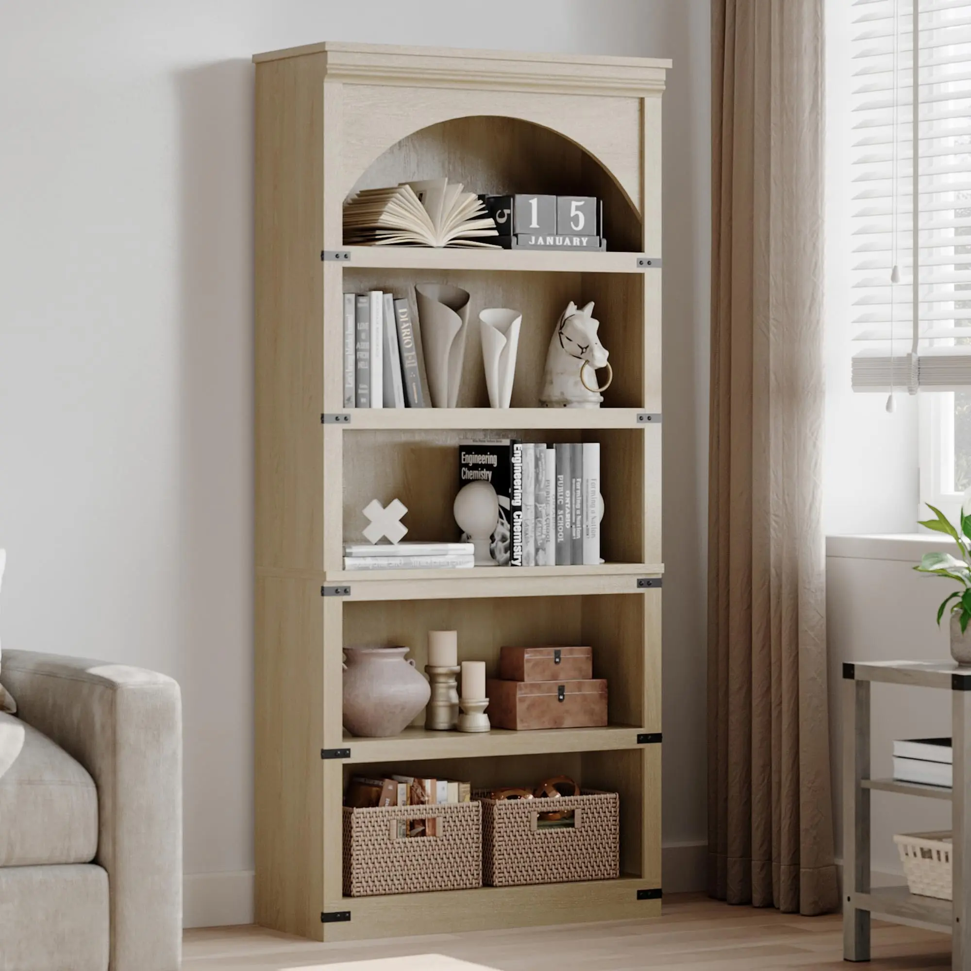 Garvee 68.7" Farmhouse Arched Wooden Bookcase with Arch Design, Tall 5-Tier Rustic Vintage Bookshelf for Living Room, Office, Library with Wooden Base in Natural Finish