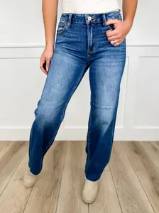 Risen Bridget Tummy Control Mid-Rise Raw Hem Straight Leg Medium Wash Blue Jeans