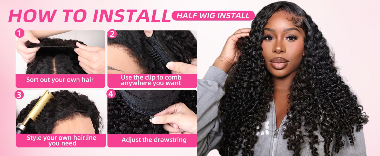 PerisModa 15A Half Wig Human Hair 200% Density Burmese Curly Glueless Wigs Human Hair with Spiral Curly End 3 IN 1 Kinky Curly Human Hair Half Wig With Drawstring Beginner Friendly Curly Wig For Women Seamless Clip Ins Flip Over Natural Color 14-30 Inch