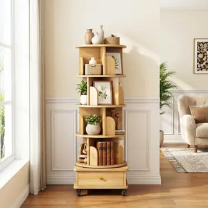 5-Tier Rotating Bookshelf with Drawer Storage, 360° Swivel Tall Bookcase on Wheels, Space-Saving Corner Shelf Unit for Living Room & Bedroom, Natural Wood Finish