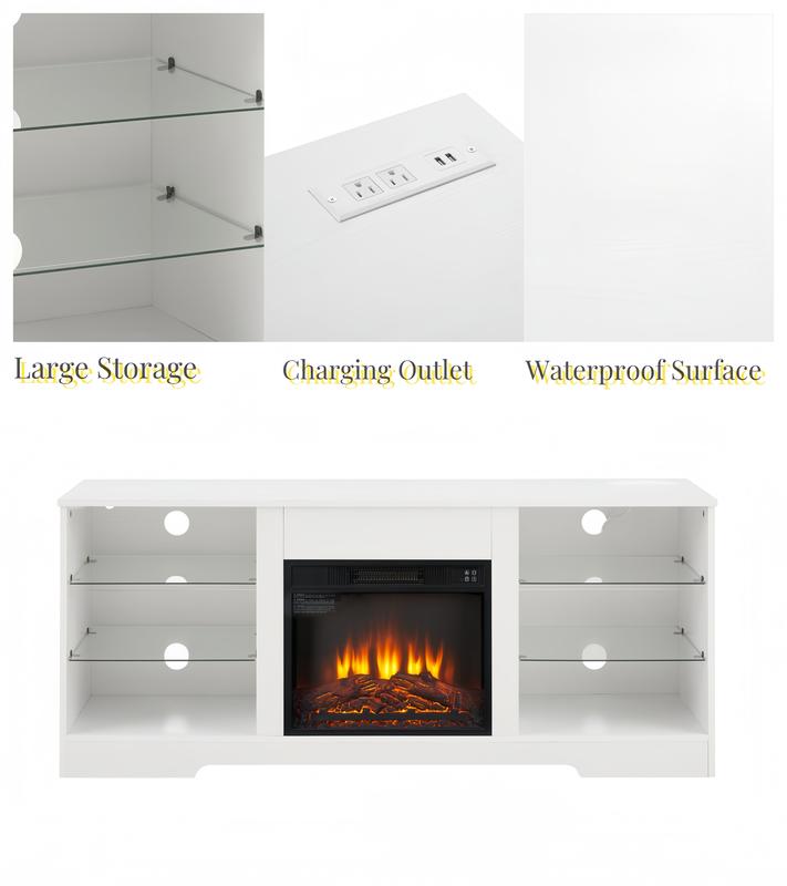 58 Inch Modern TV Stand with Electric Fireplace, LED Light Glass Shelves Entertainment Center, USB Outlets & Storage for TVs up to 65", Living Room TV Console in White