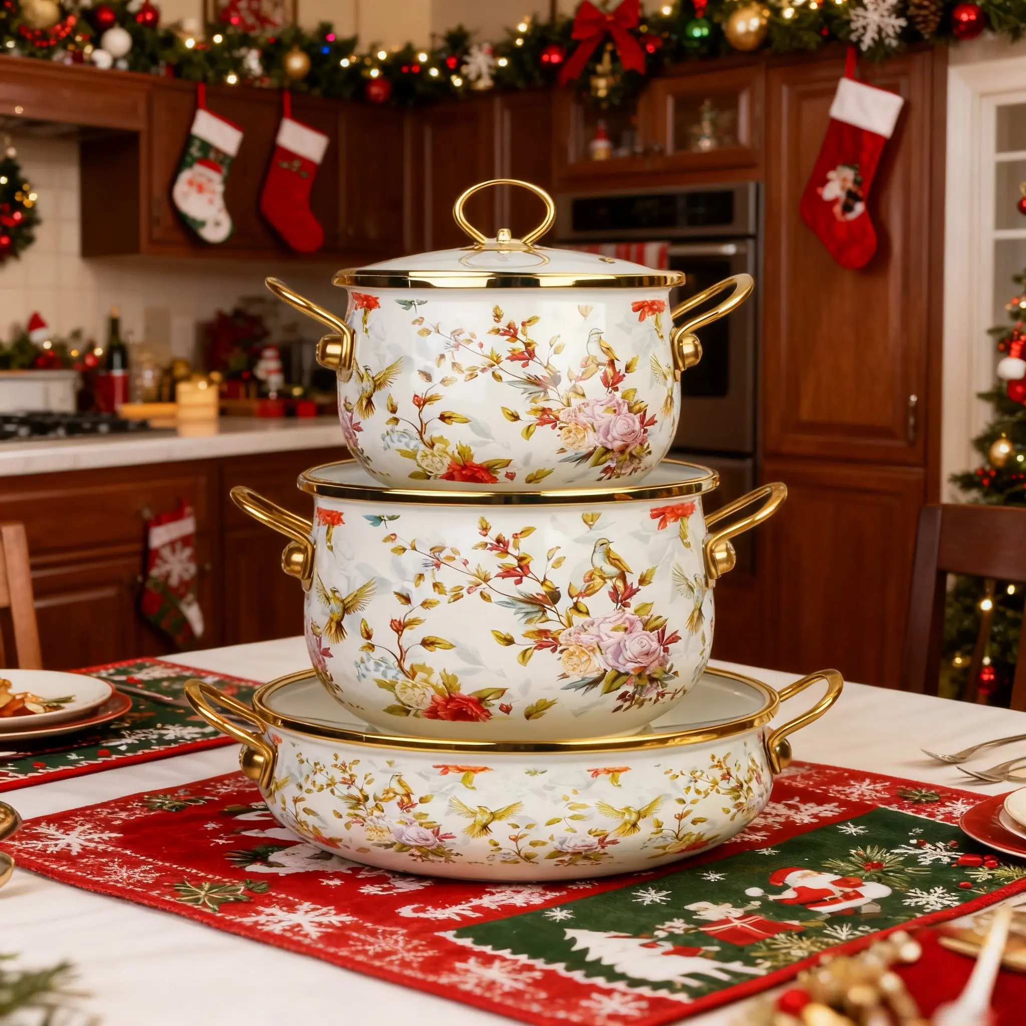 20/24/30cm Enamel Soup Pot Set, Kitchen Pots, Vintage Floral Bird Design, Large Capacity, with Lid, Stackable Cookware, Gas & Induction Compatible, Enameled Cast Iron, Cooking Pot Sets
