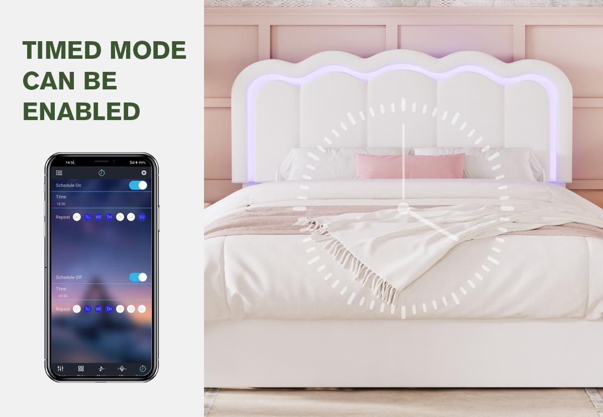 MUTIOCR Velvet Upholstered Bed Frame with Smart LED Lights Large Storage Drawer Adjustable Wavy Headboard No Box Spring Needed Twin Full Queen Sizes White Black Cream Pink