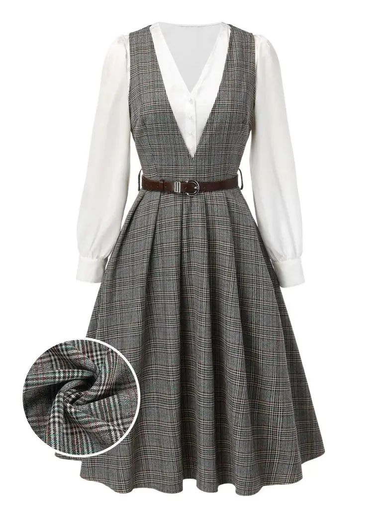 RETRO STAGE Women's 2-Piece Retro Chic Clothing Set - Casual Wear with V-Neck Plaid Pattern Dress, Long Sleeves Satin Blouse and Belted Vintage Appeal, V-Neck Dress, Concealed Zipper, Lady, Cold BackToSchool Sohochic Fall Dresses Fall outfits Fall fashion