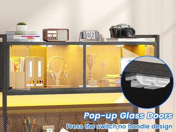 Kepptory L Shaped Gaming Desk, Home Office Computer Desk with Raised Display Stand, 2 Drawers and Glass Cabinets with LED Lights, Corner Desk with Storage Shelves, Power Outlet, Black