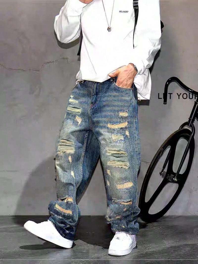 SRETOUU Men's Ripped Distressed Straight Fit Jeans Trousers Loose Fit Comfortable Streetwear Plain Solid Color Denim Pants Asia Size