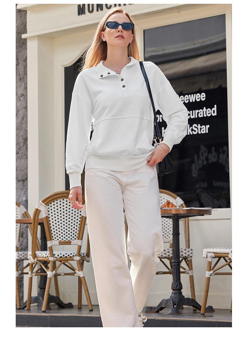 Shewin 2026 Spring Oversized Ribbed Pullover Women's Button-Down Sweatshirt with Kangaroo Pocket Comfy Casual Layering for Spring Outfits Breathable Soft Cozy Material - Everyday, Womenswear