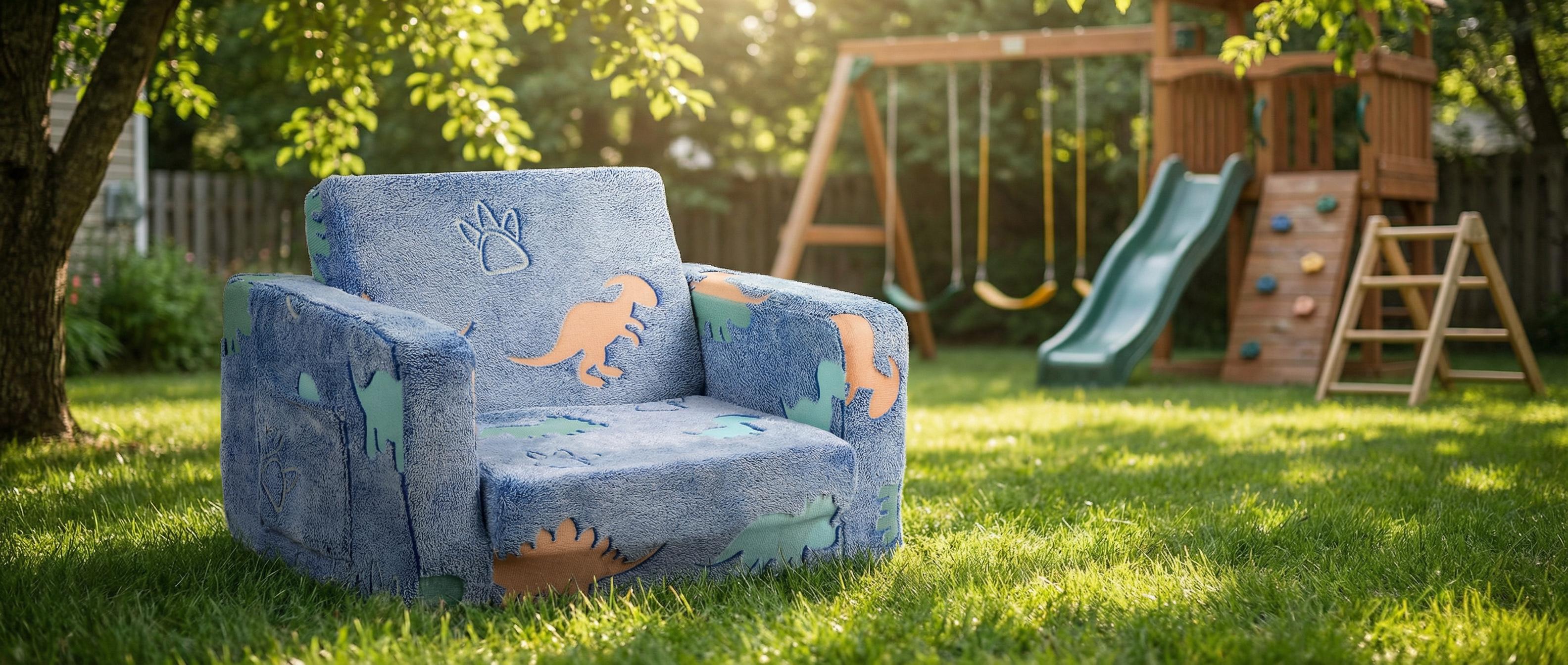 Children's sofa folding chair, blue dinosaur pattern, easy to assemble and clean, suitable for living room, bedroom, children's room, courtyard, turning sofa into bed, suitable for girls and boys' Christmas and birthday gifts, [Restore shape after vacuum