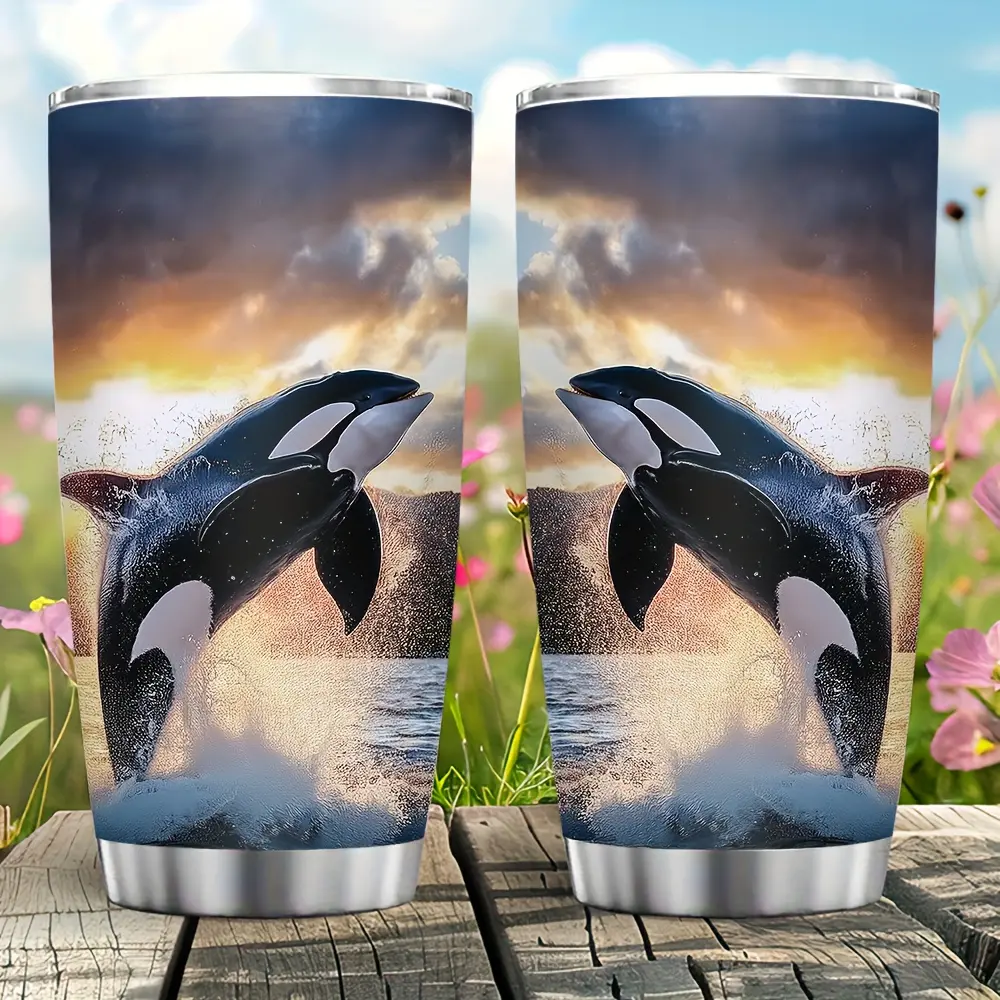 20oz Orca Whale Stainless Steel Insulated Tumbler - Double-Wall Vacuum Mug, Portable Spill-Proof Lid, 12H Hot/Cold Retention, Marine Life Design, 500-1000ml, Indoor/Casual Camping Gift for Ocean Lovers