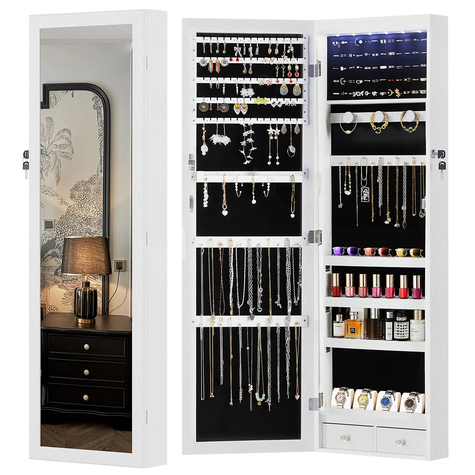 Full-Length Mirrored Jewelry Cabinet with Built-In Makeup Mirror,Lockable Storage Cabinet with 2 Drawers,dorm essentials,home decor