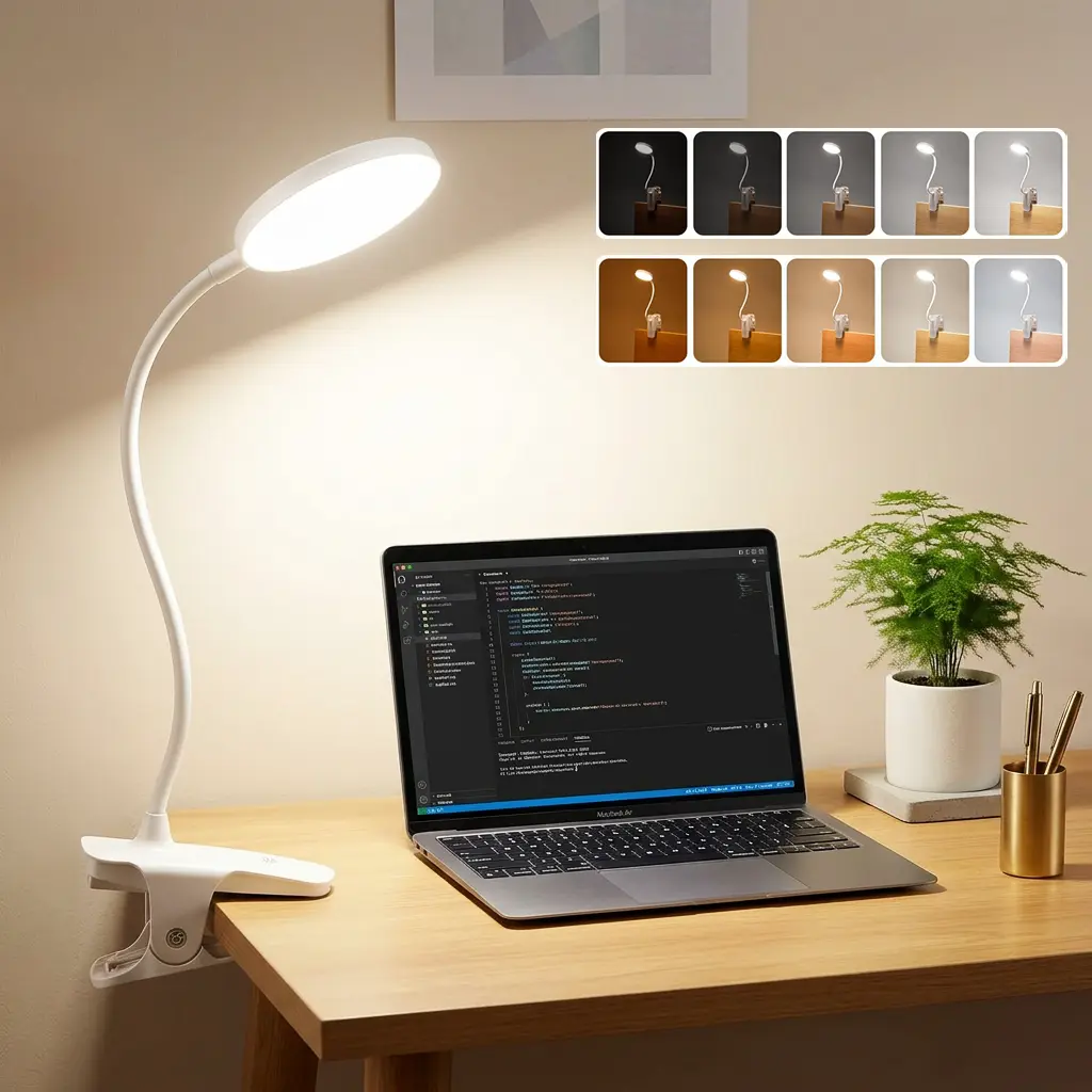 Eye-Caring Clip-On Desk Lamp - 3600mAh Rechargeable Cordless LED Table Lamp, 360° Flexible Gooseneck, 5 Color Modes, 5 Brightness Levels, No Glare, Adjustable LED Book Light for Home Office Travel, Gift for Office Workers, Table Lamps