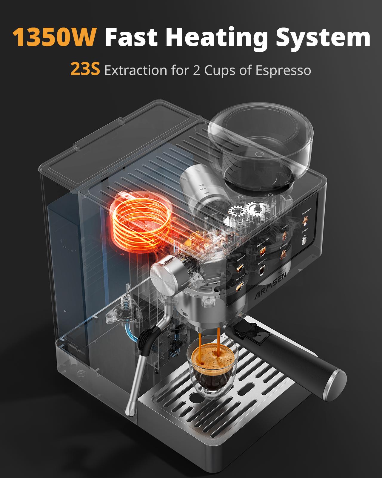 Home 20-Bar Espresso Machine with Grinder, 1350w, With Color Touchscreen, ,Milk Frother Steam Wand,Cold-Press Espresso,Customize Coffee Volumn Appliance espresso machine