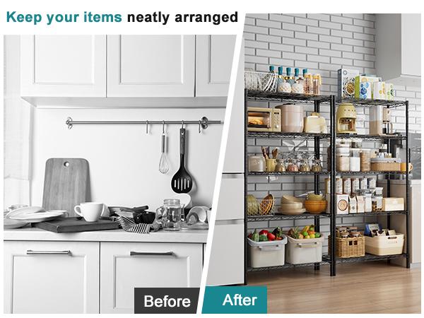 5-Tier Metal Wire Storage Shelves, Adjustable Standing Storage Rack Shelf, Heavy Duty Steel Shelving Unit Organizers for Kitchen Bathroom Pantry Garage, 23.3" W×13.4" D×60" H, Black