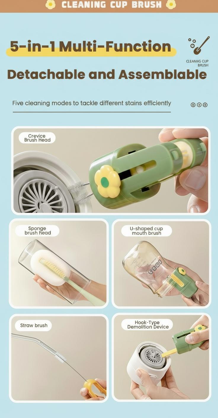 5-in-1 Multifunctional Bottle Scrubber Set – Straw Brush Included, Cleans Bottles, Cups, Straws & More (Cream White/Jasmine Green)