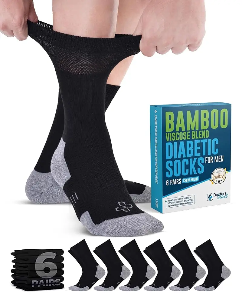 Doctor's Select Men's Diabetic Crew Socks, 6 Pairs, Soft Breathable Bamboo Viscose Mid-Calf, Ultra-Stretch Secure Top, Neuropathy Support, Moisture Wicking, Machine Washable for Edema Relief