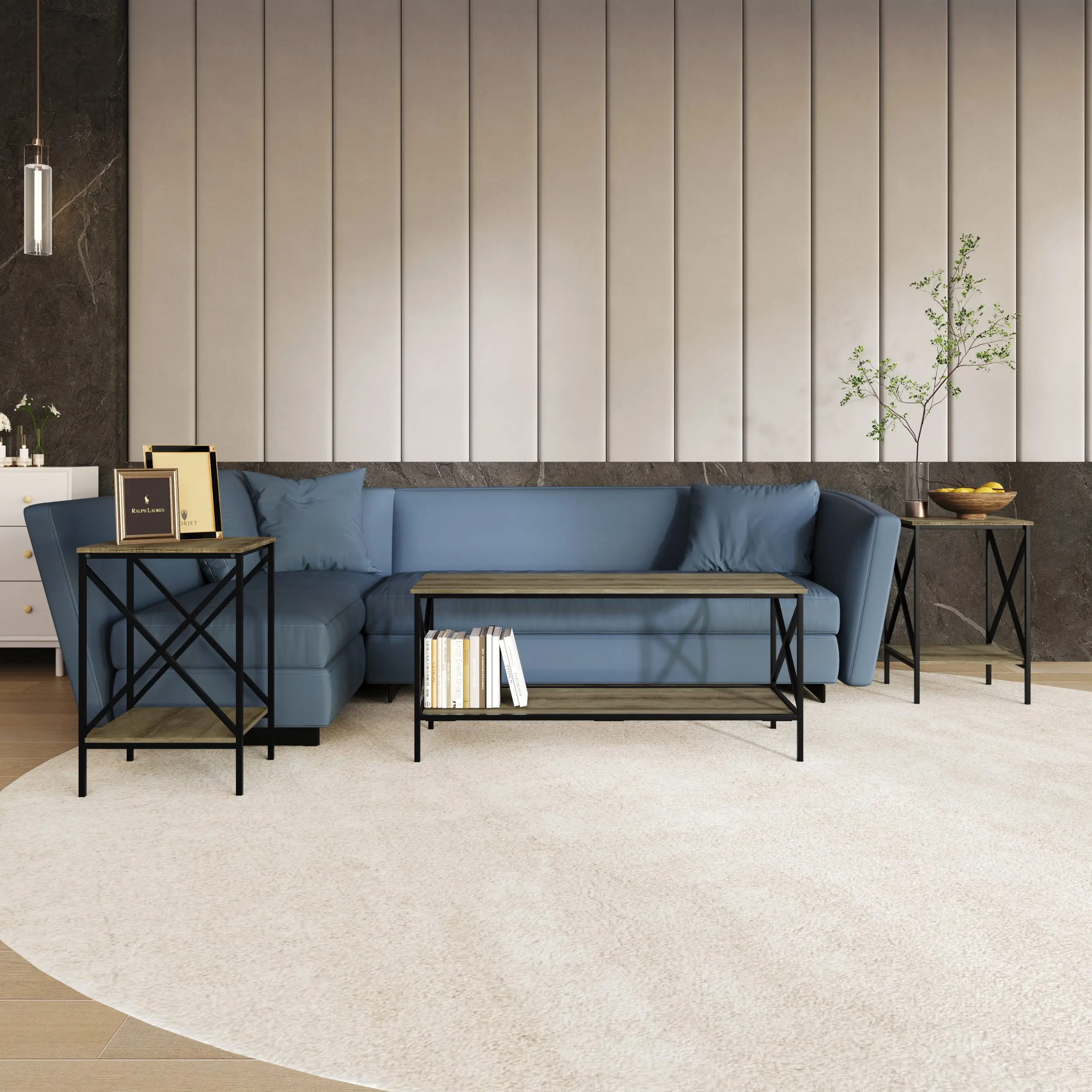 Favorer Chanute 3-Piece Rectangle Metal & Engineered Wood Coffee Table Set - Modern Classic Engineered Wood Living Room Furniture with Durable Construction, Lower Shelf, Sturdy Legs, Assembly Required, Living Room Decor