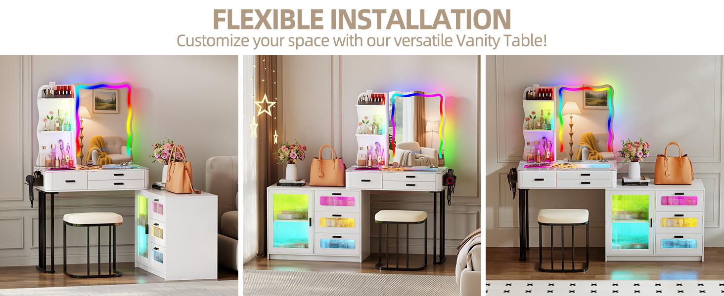 Miu Vanity Set with 7-Color RGB Lights, Wireless Charging, HD Mirror, 8-Drawer Chest & Big Storage Furniture Organizing - Modern Design Adjustable Brightness