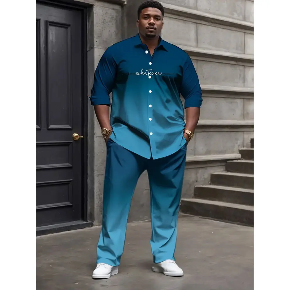 Polyester Men's Plus Size 2-Piece Casual Sport Track Clothes Set - Gradient Long Sleeve T-Shirt with Pocket, Drawstring Ombre Blue Trouser, Polyester Blend, Machine Washable, Stylish, Casual Outfit Set, Mens Clothing, Crewneck Two-Piece Men's Sportswear S