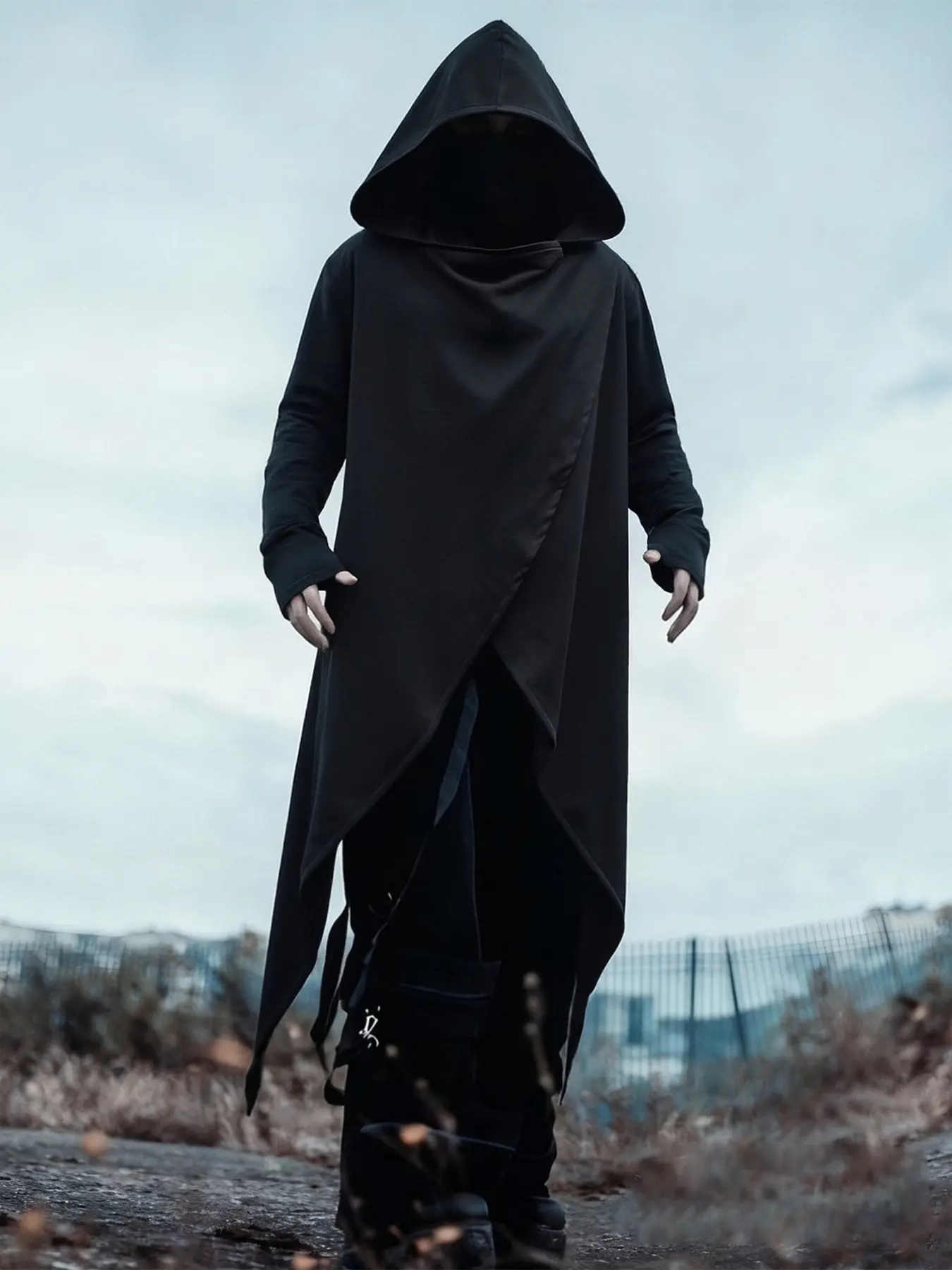 Men's Black Hooded Cyberpunk Maxi Coat – Asymmetric Design, Stylish Outerwear Costumes for Street Fashion & Cosplay