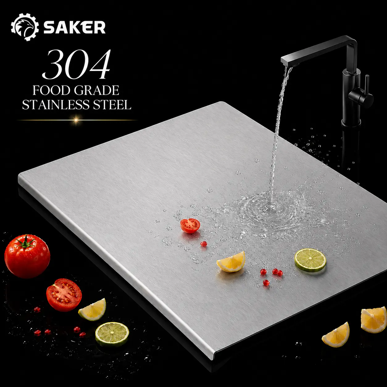 Saker 304 Stainless Steel Cutting Board for Kitchen, Food Grade Double-Sided Meat Chopping Board, Non-Slip Anti-Microbial Pastry Board with Hanging Hole, Dishwasher Safe