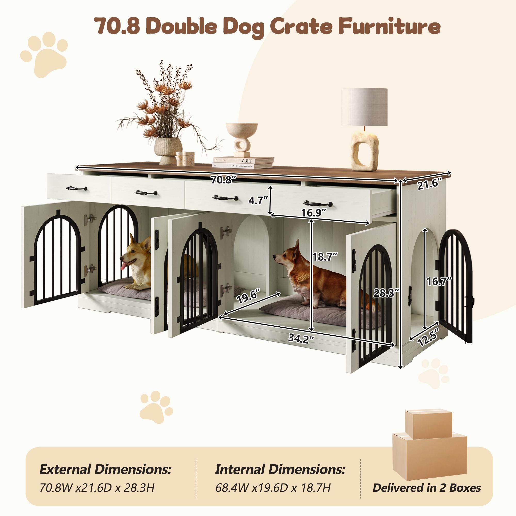 70.8" Large Dog Crate Furniture for 2 Dogs, Dog Kennel Indoor with Removable Divider Door and 4 Storage Drawers, End Table, Dog Crate TV Stand with 4 Doors for Medium Small Dogs, White and Brown