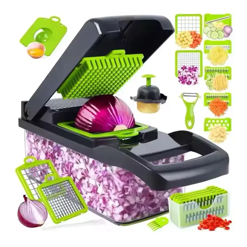 15-in-1 Adjustable Vegetable Fruit Cutter Slicer - Compact Size Stainless Steel 8-Blade Chopper with Container, Fast Garlic Mincer, Kitchen Utensil for Salad, Chicken Prep