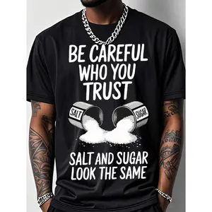 Men's Fun Fitness T-Shirt with Salt and Sugar Trust Pattern Print- 200g Heavy Cotton Loose Fit Breathable Short Sleeve Round Neck Casual and Sports Top, Suitable for Summer- Salt Bottle Design Fitness Clothing, Suitable for Salt Lovers