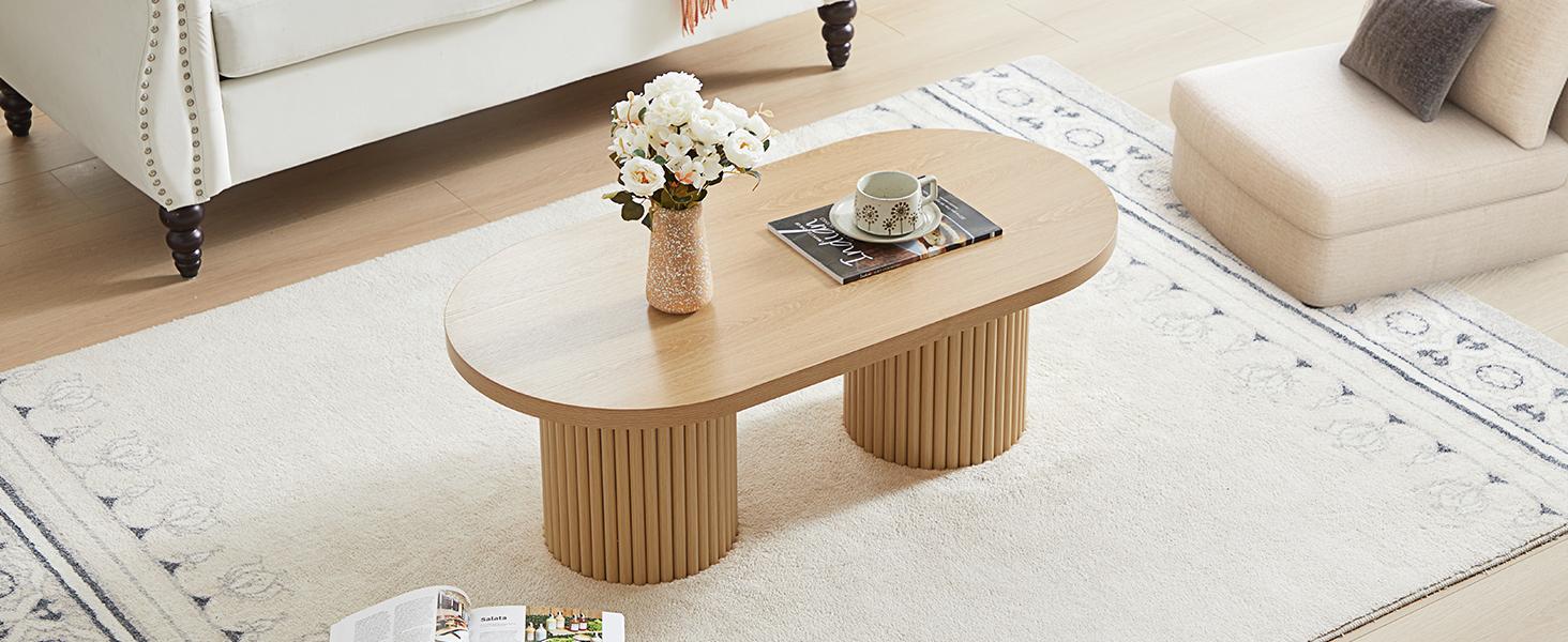 Giratree 39.38" Fluted Oval Coffee Table for Living Room, Boho Modern Coffee Table with Fluted Legs, Curved Round Wood Center Table for Home, Small Spaces, Office