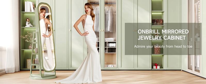 【Valentine's Day Gift & Full-Length LED Mirror】ONBRILL Gorgeous Lockable 360° Swivel Jewelry Cabinet with Light,Jewelry Organizer Armoire Standing with Interior Mirror&Storage Shelve for Cloakroom LivingRoom Bedroom Furniture