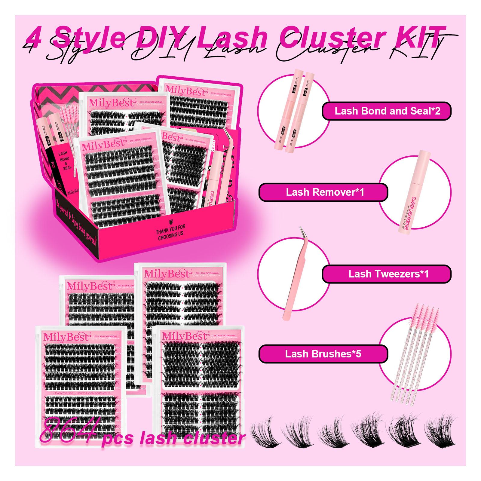 MilyBest 4 Styles Lash Clusters Kit,1 Set Mixed Length Individval Eyelash Extensions Kit,Self Grafting False Eyelashes with Tweezers&Glue&Remover,Prefessional Eye Makeup Accessories for Women