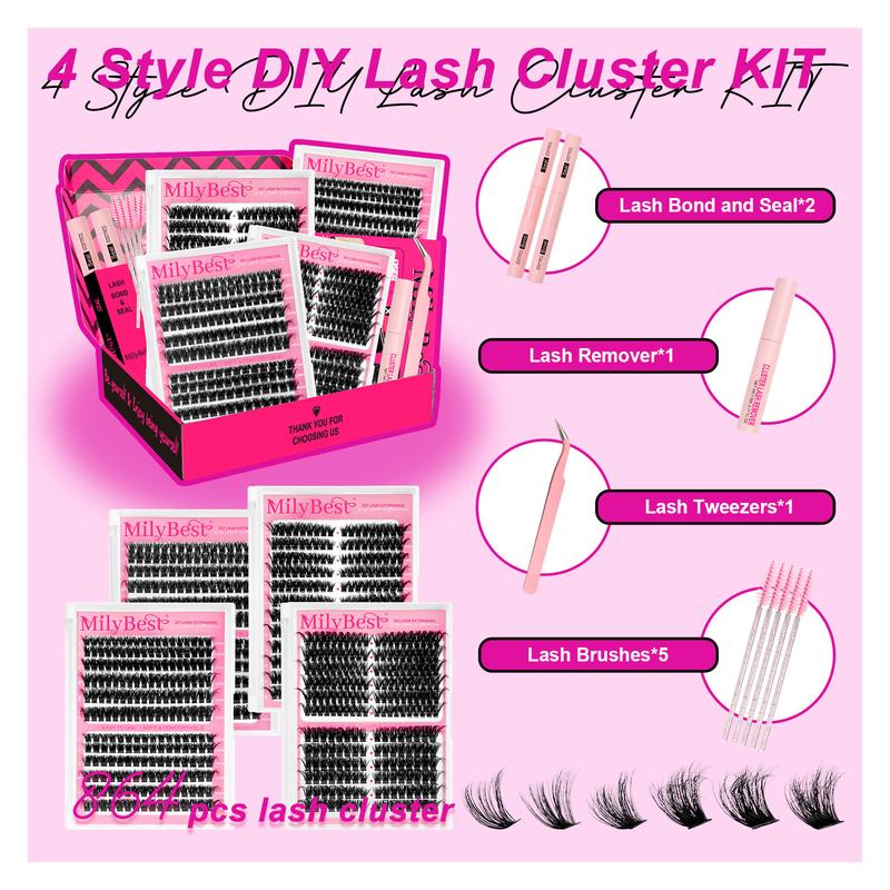 MilyBest 4 Styles Lash Clusters Kit,1 Set Mixed Length Individval Eyelash Extensions Kit,Self Grafting False Eyelashes with Tweezers&Glue&Remover,Prefessional Eye Makeup Accessories for Women