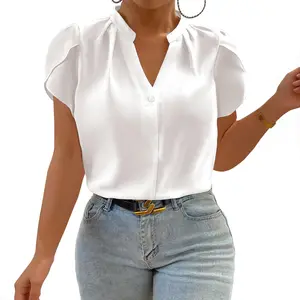 Eytino Women Plus Size Shirts Summer V Neck Petal Sleeve Business Work Dressy Blouse Tops(1X-5X)