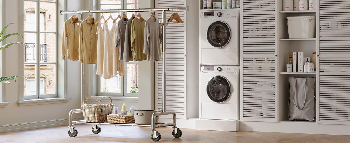 Raybee Clothes Rack for Hanging Clothing with Lockable Wheels , 75" Extendable & Height Adjustable Coat Rack, Heavy Duty Clothes Racks Holds Up to 440LBS, Portable Rolling Garment Rack with 4 Hooks for  Bedroom, Laundry Room, Commercial, Chrome