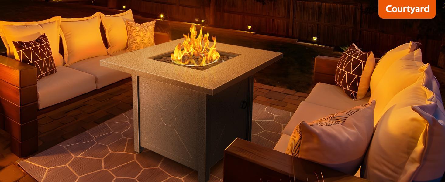 R.W.FLAME Propane Fire Pit , 28"/ 43" Outdoor Gas Fire Tables, Auto-Ignition Fire Tables with Lid, Rain Cover and 3 Pounds Lava Stones for Outside Garden Backyard Deck Patio (Square)