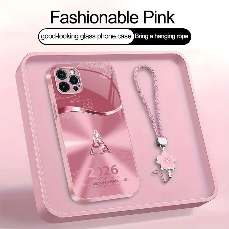 Suitable for [iPhone 12 Pro] high-end women's phone case🤩，a free four-leaf clover lanyard is included, with 26 letters of the alphabet to choose from，auspicious cloud patterns bring you good luck YM99
