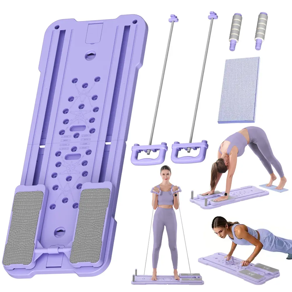 Pilates Board at home Pink/Purple Pilates Board workouts Multi-functional Ab Exercise Board Foldable Home Pilates Reformer (Pilates Core Bed) with Knee Mat with Resistance Bands & Push-Up Handles