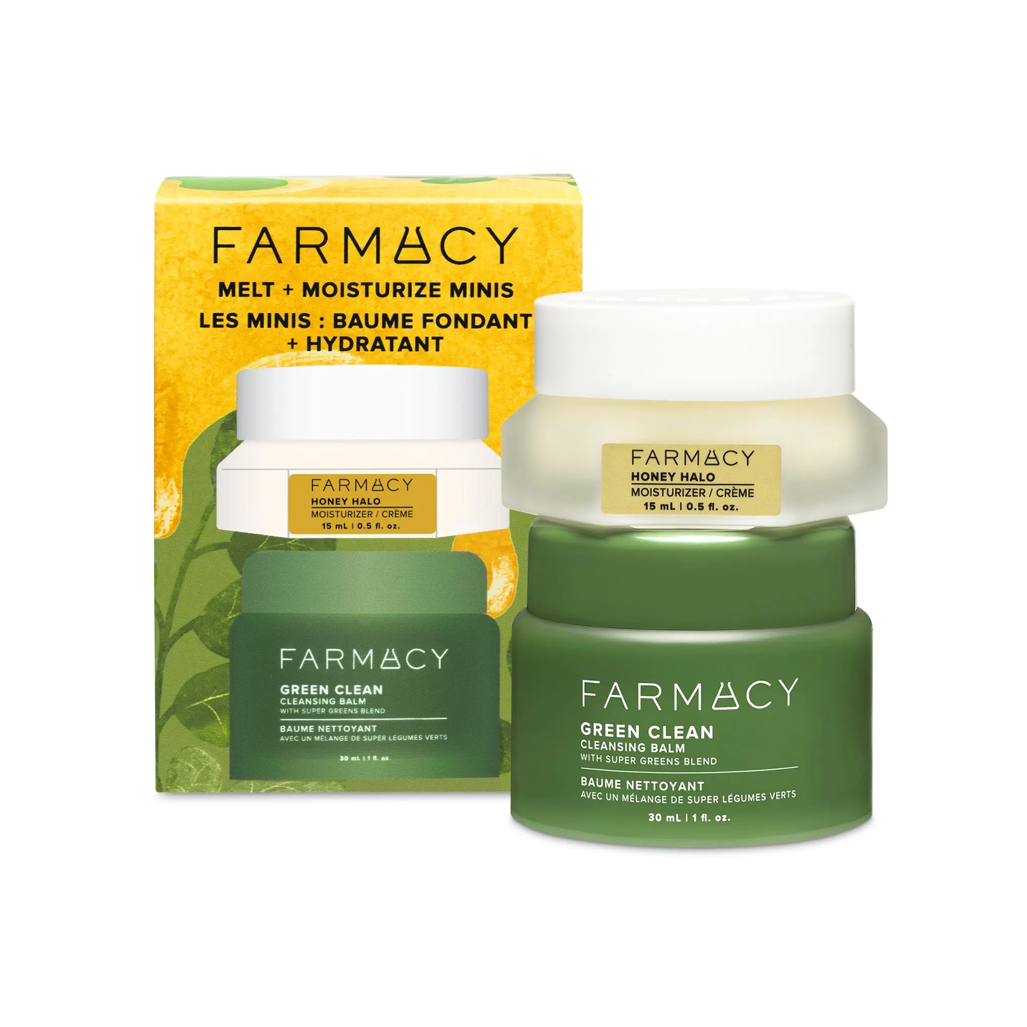 Farmacy Beauty Melt + Moisturize Mini Duo Skincare Kit - 30ml Green Clean Natural Oils Makeup Removing Cleansing Balm, Honey Halo Ceramide Hydrating Plumps Skin Moisturizer - Unisex Self Care Products Restock Gift Set