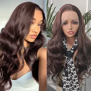 RONGDUOYI Dark Brown Wave Hair  Synthetic Wig Body Wave Glueless Pre Plucked Lace Front Wig for Women Daily Wear 26Inches Water Wavy Brown Hair