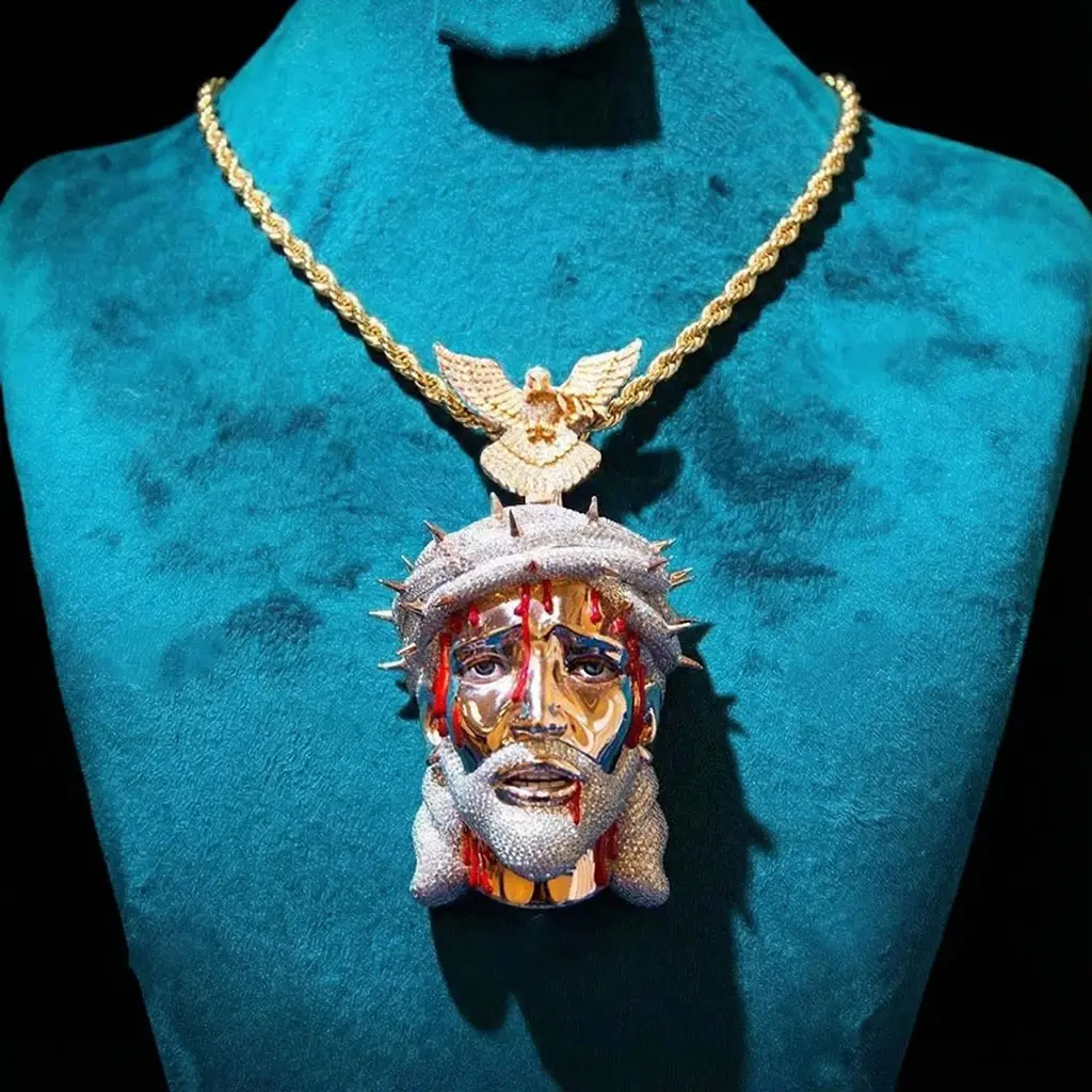 Iced Out Jesus Pendant with Dove Clasp Cubic Zirconia Pendant Hiphop Jewerly with 3mm 24inches Rope Chain for Men