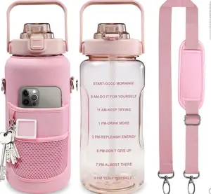 Half Water Bottle with Sleeve, 64OZ Motivational Water Bottle with Straw & Time Marker, BPA Free Leakproof Large Sports Water Bottle, Reusable Water Jug for Workout Gym Sport