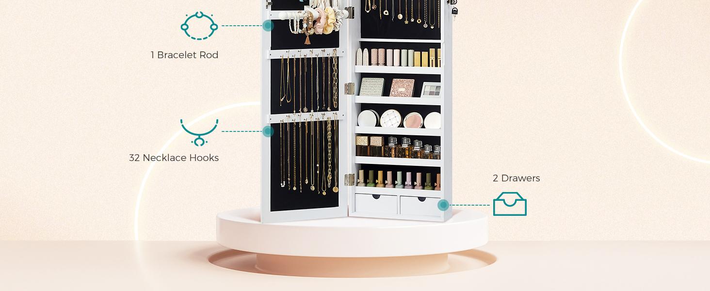 SONGMICS 6 LEDs Mirror Jewelry Cabinet, 47.2-Inch Tall Lockable Wall or Door Mounted Jewelry Armoire Organizer with Mirror, 2 Drawers, Christmas Gift