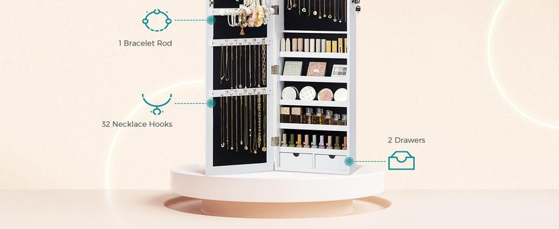 SONGMICS 6 LEDs Mirror Jewelry Cabinet, 47.2-Inch Tall Lockable Wall or Door Mounted Jewelry Armoire Organizer with Mirror, 2 Drawers, Christmas Gift