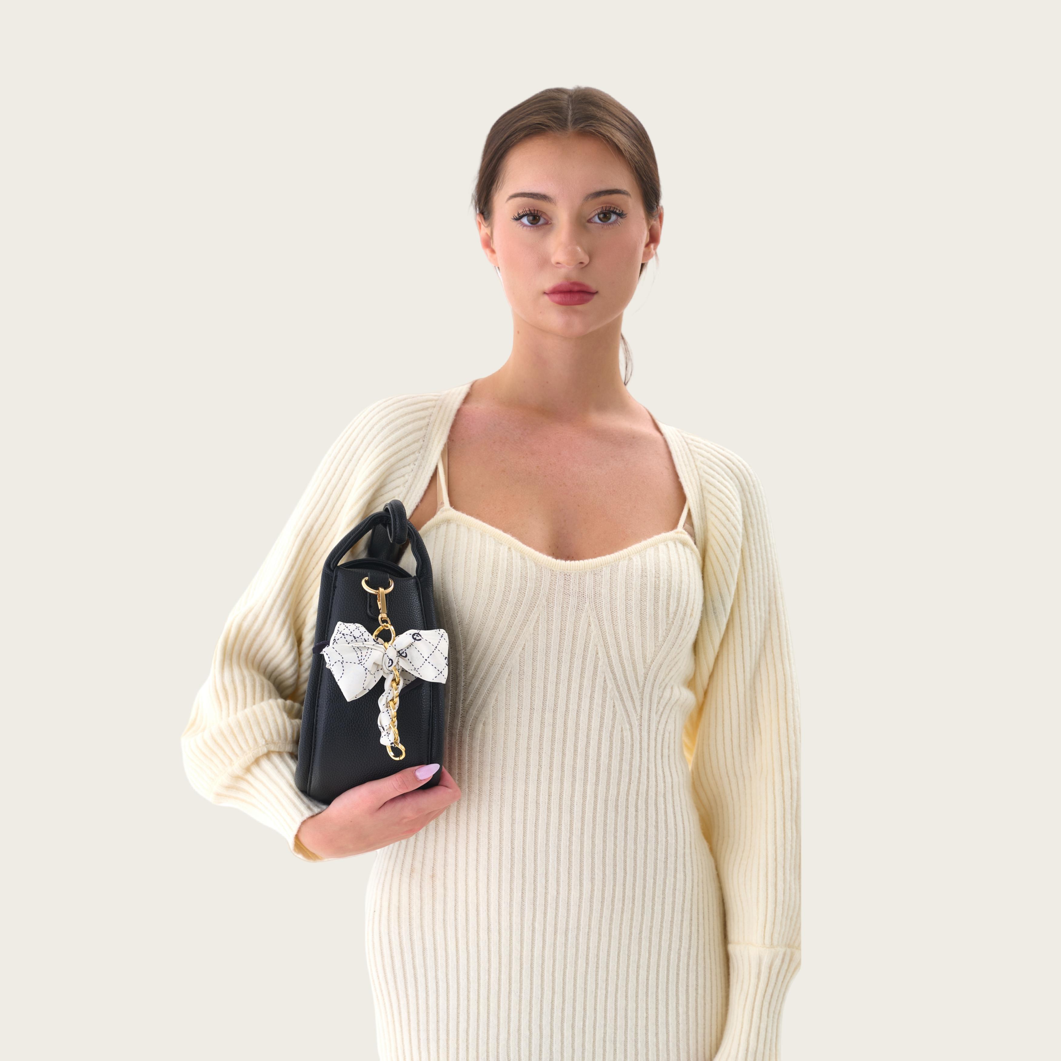 Elegant Bow Bag Charm – Floral Scarf Keychain with Gold Chain Accent, Stylish Purse Accessory for Women & Girls