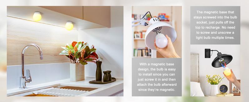 Brightown E26 Rechargeable Light Bulb with Remote Timer and 3 Color Temperatures, Battery Backup Bulb for Sconces and Lamps, E26 Detachable Charging for Non-Hardwired Fixture, Dimmer, 700LM