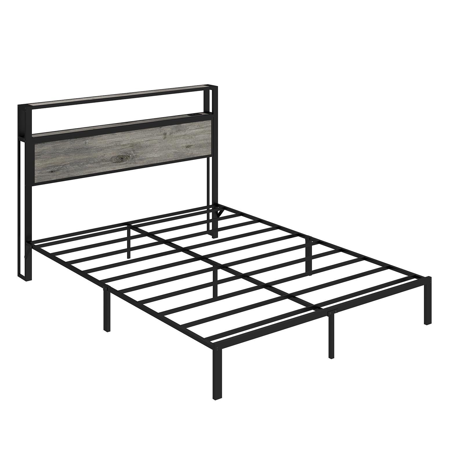 Queen Size Bed Frame with RGB LED Headboard, USB/Type-C Charging Station & Storage Shelves, Rustic Grey Metal Platform Bed, Noise-Free Easy Assembly, No Box Spring Needed (Mattress not included）