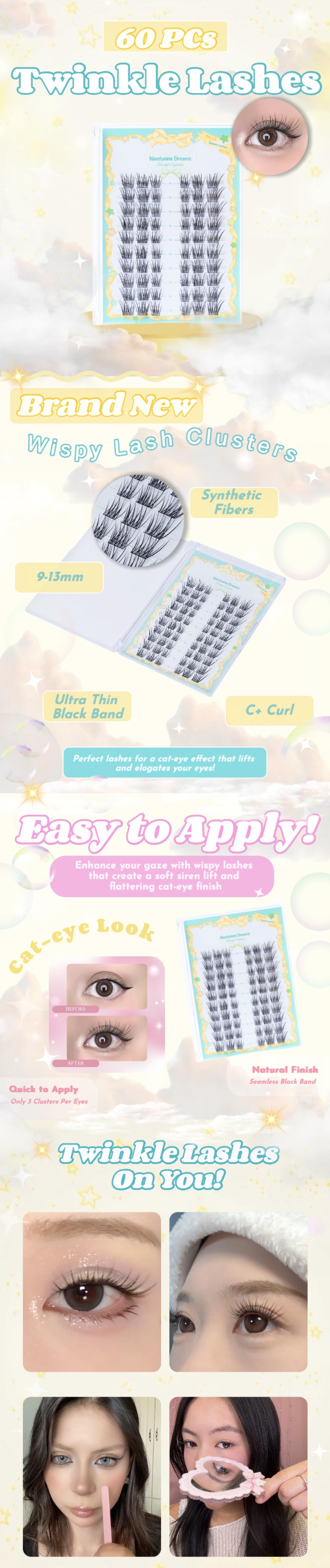 Ninetynine Dreams 60PCs Twinkle Lashes | Natural Cat & Siren Eye Style 9-13mm C+ Lash Clusters — Soft Lightweight Ultra-Thin Band, Reusable & Pre-Mapped Beginner-Friendly Everyday Makeup Eyelashes Look