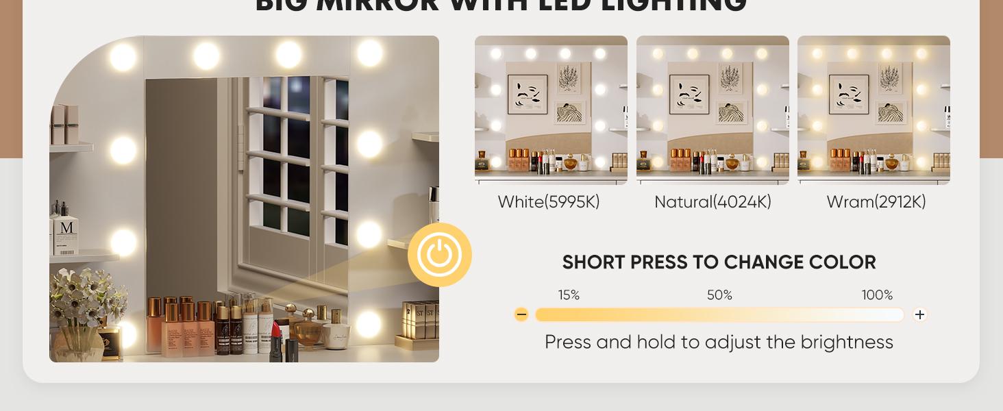 Vanity Desk with Adjustable Lighten Mirror & Power Outlet, Makeup Desk for Bedroom with a Storage Stool and 3 Drawers, 4 Storage Shelves, White Dresser